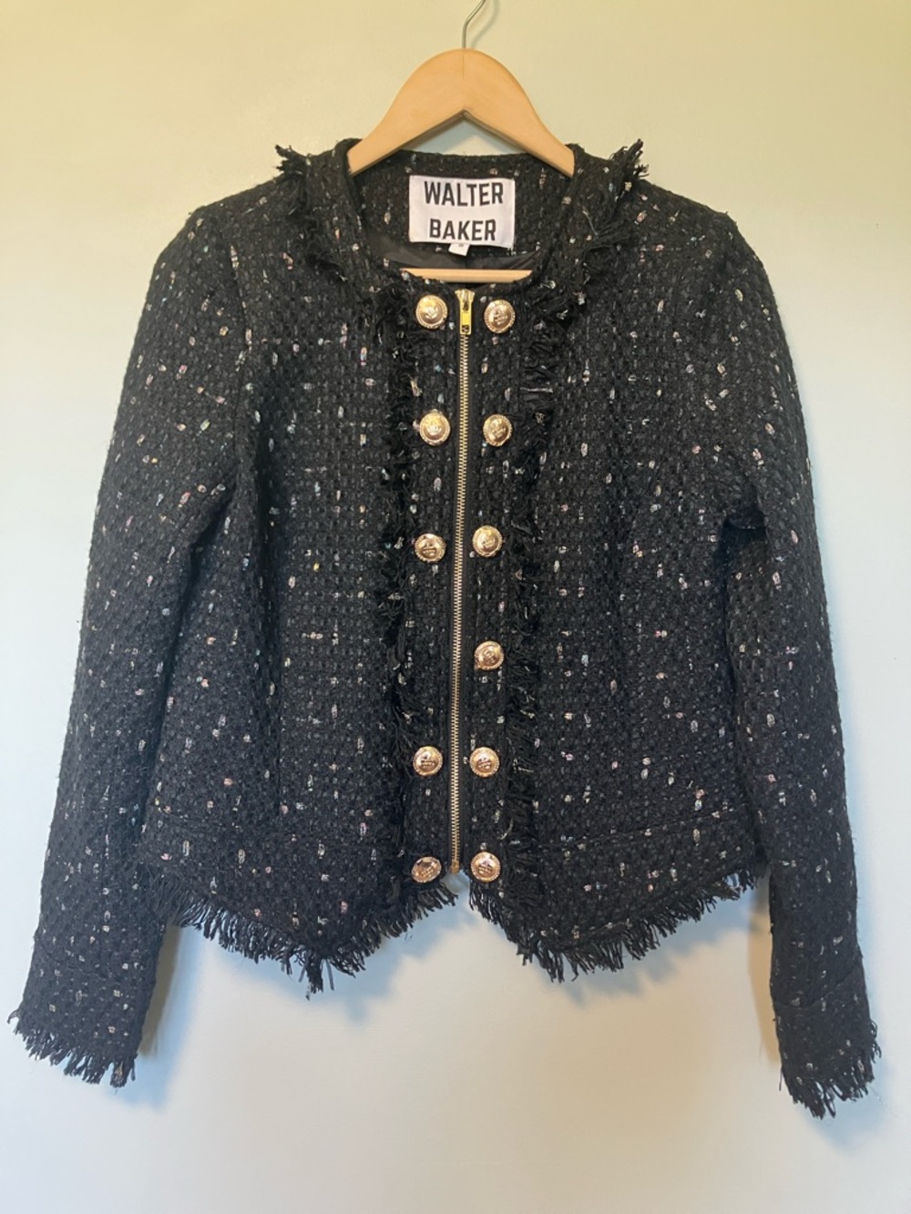 Walter Baker Black Tweed Fringe Jacket with Gold Buttons